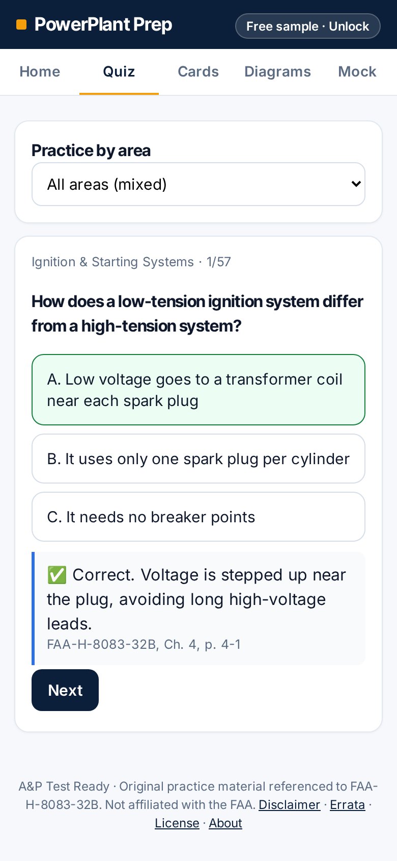 PowerPlant Prep app: a practice question answered correctly, with the FAA-H-8083-32B page reference